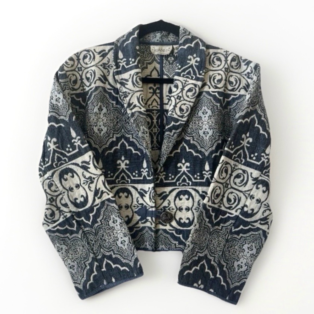 Vintage 90s Flashback Tapestry Jacket M Cropped Art to Wear Boho Woven